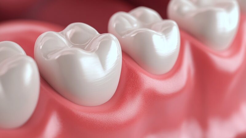 Close-up 3D illustration of healthy gums and white molar teeth