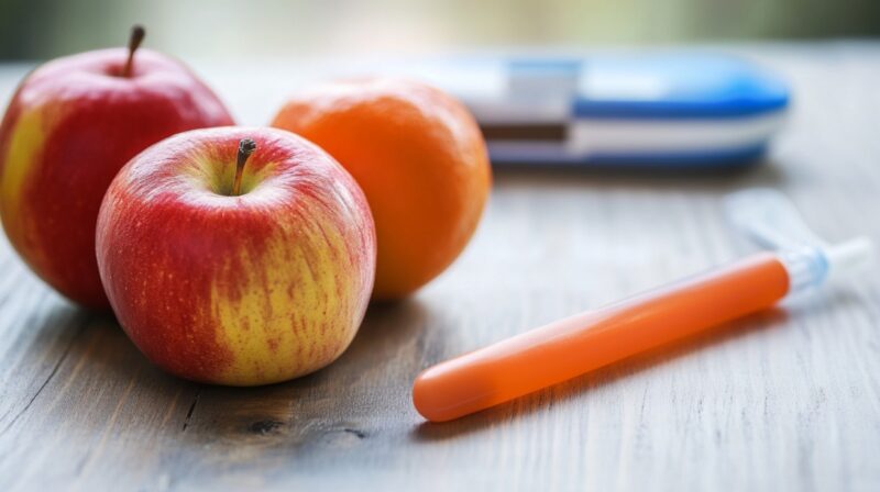 Apples, orange, interdental brush, and dental tool on table highlighting the link between diabetes and oral health