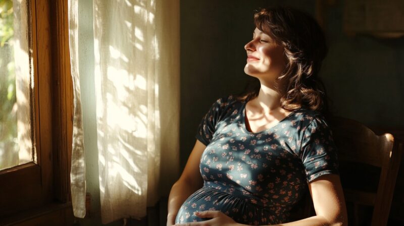 Pregnant woman sitting by a sunny window, smiling peacefully and holding her belly