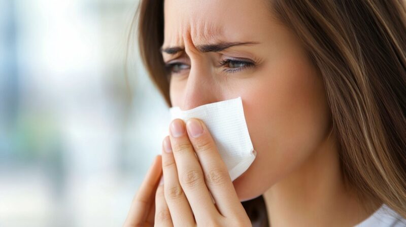 Woman holding tissue to her nose, appearing to suffer from a respiratory condition
