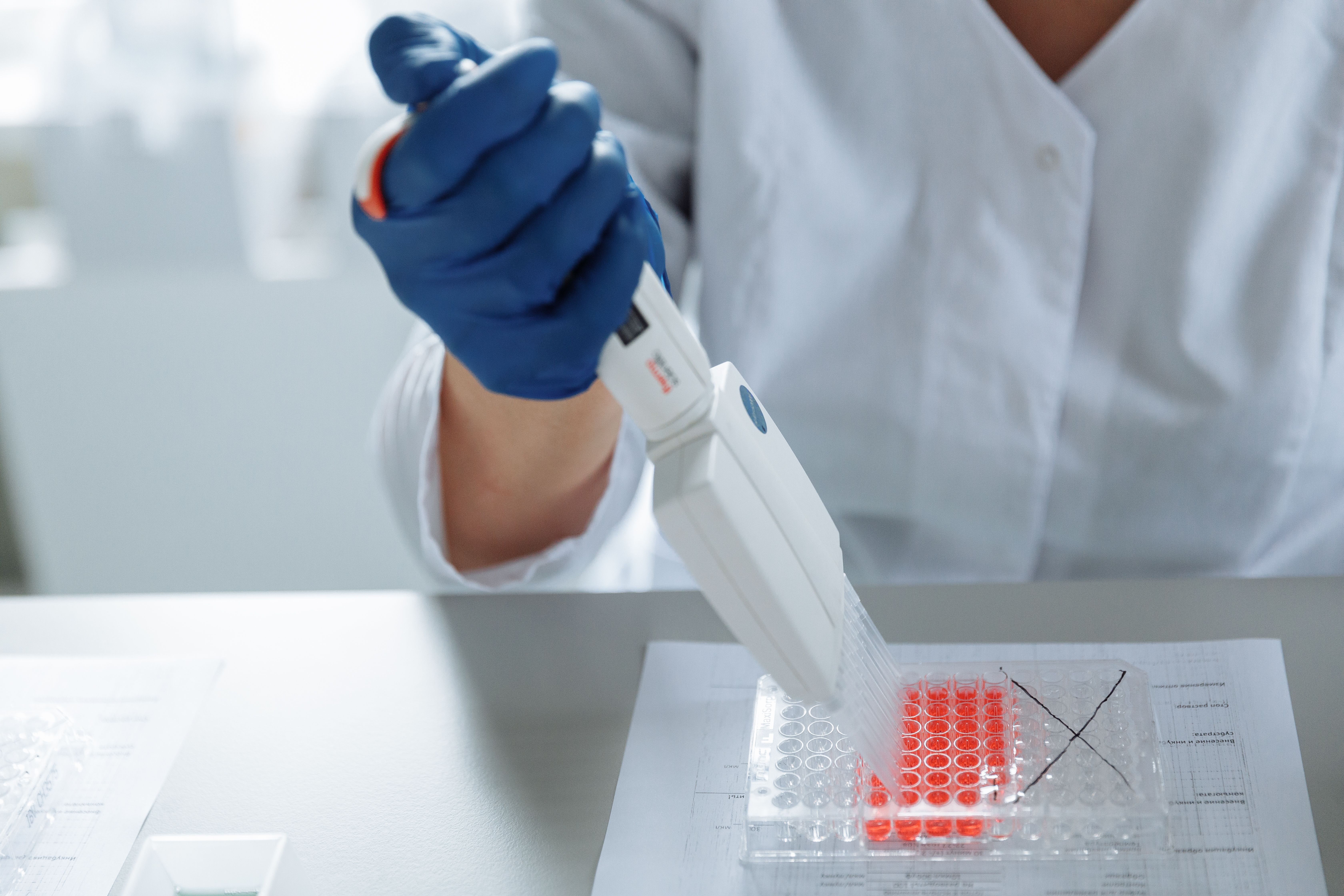 Scientist using a pipette during laboratory research relevant to peptide and mucosal health science.